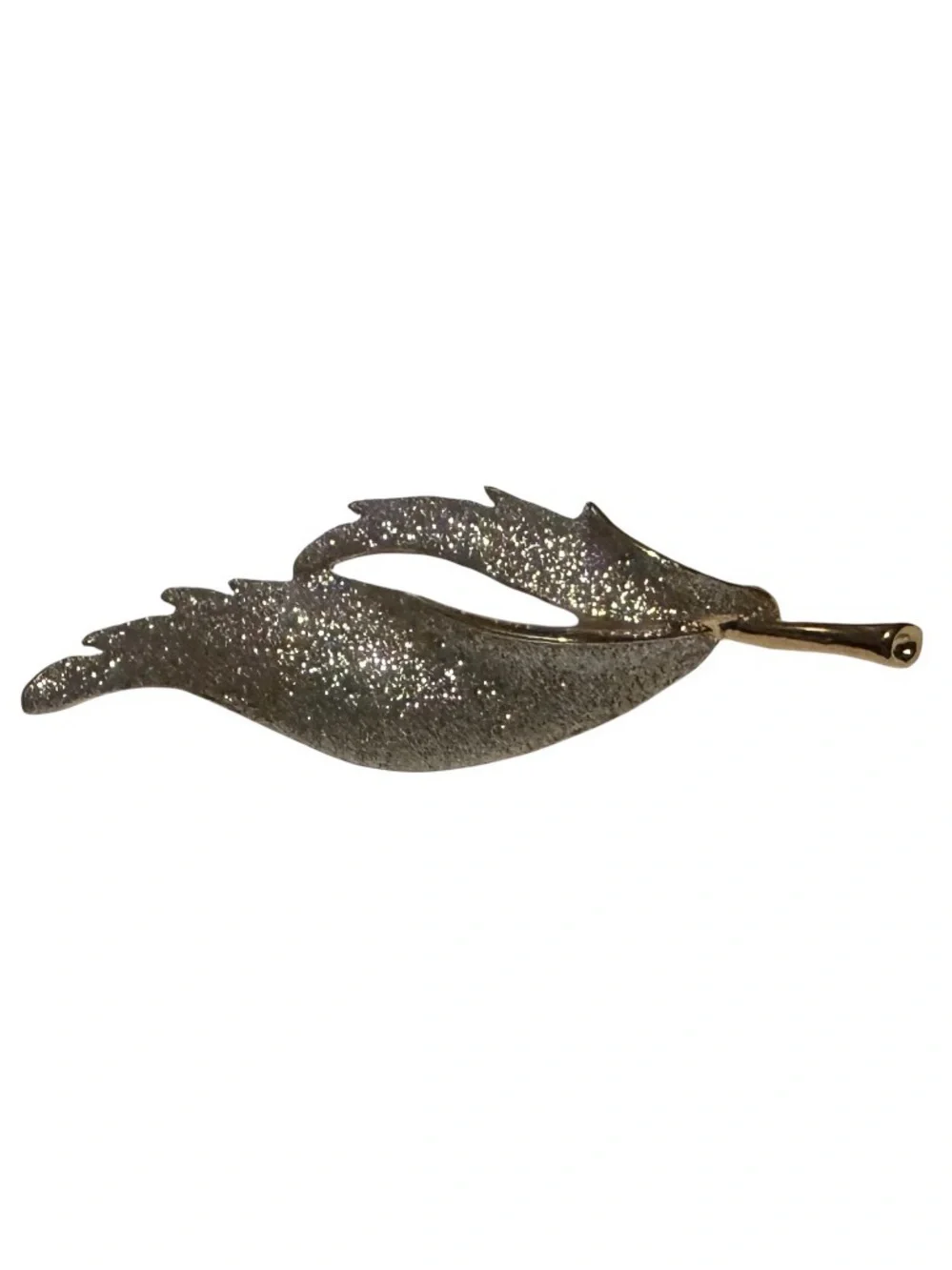Vintage Gold Colored Leaf Brooch with Silver Glitter